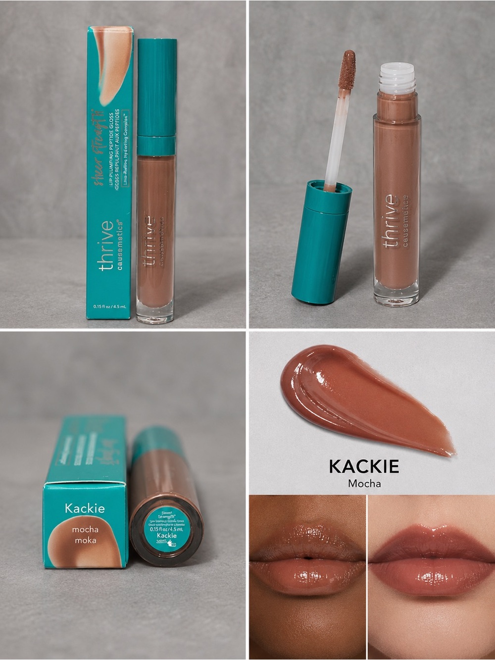Thrive Kackie Sheer Strength Lip Plumping Peptide Gloss-mocha, vegan, hydrates